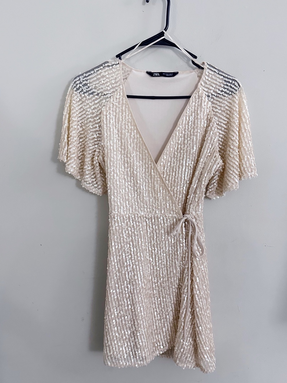 Zara Cream Golf Sequin Wrap Mini Dress Party Glam Holiday Christmas New Year's
